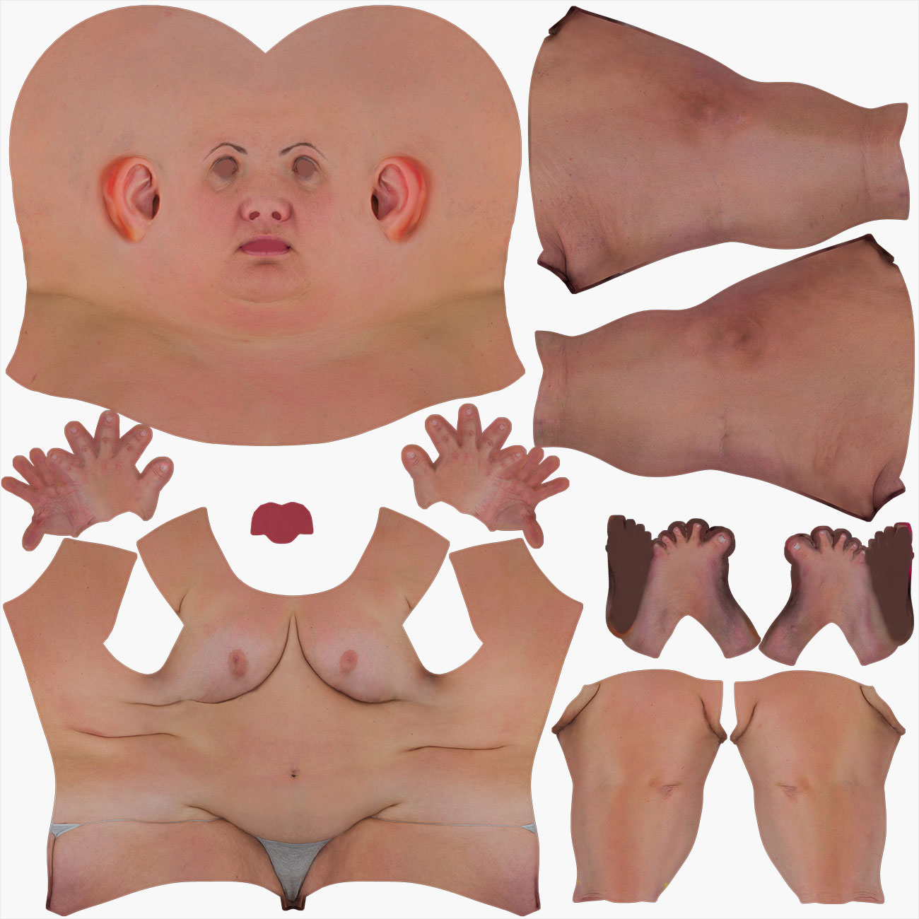 UV map layout for a fuller-figured female 3D body scan showing low-distortion texture unwrap across body geometry